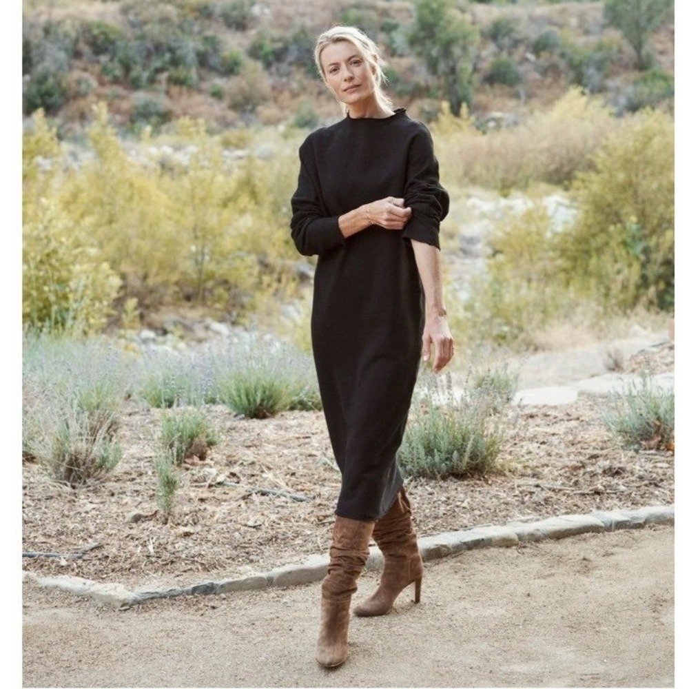 Frank & Eileen Cotton Jersey Funnel Neck Dress Black Raw Edge / Women's Medium